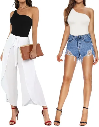 Vista 4 de MANGOPOP Women's One Shoulder Off Sleeveless Long Sleeve Tank Top Bodysuit Jumpsuits