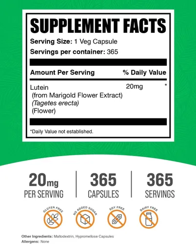 Vista 2 de BulkSupplements. Com Cápsulas de luteína – Vitaminas para los ojos, fuente antioxidante – Sin gluten, 1 cápsula por porción, 20 mg porción, 365