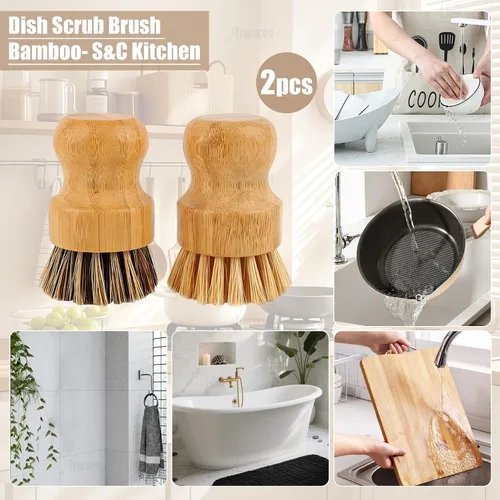 Vista 4 de AUEAR, Cepillo de bambú natural para fregar platos, cepillos de limpieza para ollas, cerdas de coco para sartenes de hierro fundido