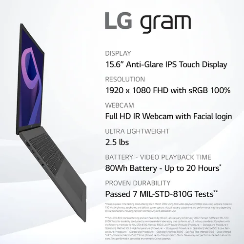 Vista 2 de LG gram (2022) Laptop 15Z90Q con pantalla táctil de 15.6", Intel Core i7 de 12ª generación, 16 GB de RAM, SSD de 512 GB, Windows 11, Gris