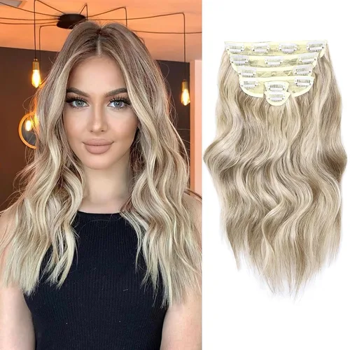 Vista 26 de NAYOO - Extensiones de cabello con clip, extensiones sintéticas onduladas de 20 pulgadas, 6 unidades Wavy Curly Hair, Full Head Coverage, Heat
