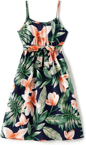 Vista 4 de PATPAT Trajes familiares a juego para mamá y yo vestidos con estampado de hojas, tirantes delgados, casual, sin mangas, trajes a juego