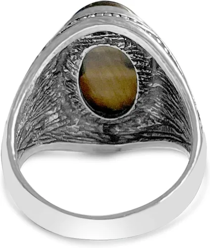 Vista 3 de Anillo de piedra de ojo de tigre amarillo genuino para hombres y mujeres, retro vintage de cristal de cuarzo turco joyería para ella y él