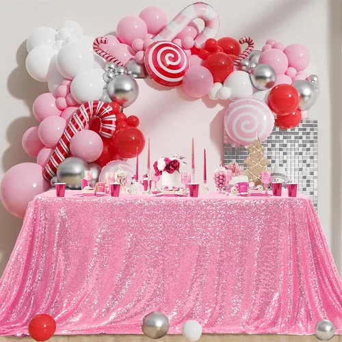 Vista 71 de Manteles redondos de lentejuelas negros para fiestas, de 121,9 cm, mantel redondo de purpurina ajustado, pequeño, lindo y dulce, para boda