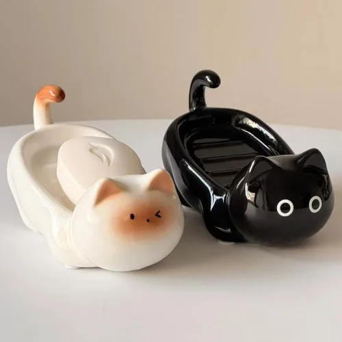 Vista 4 de Jabonera de cerámica para gatos, barra autodrenante para ducha, bandeja de jabón decorativa para lavabo de baño, encimera de cocina, bandeja Negro