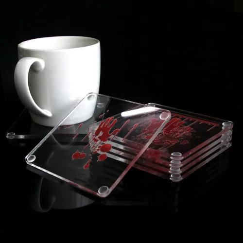 Vista 6 de Juego de 6 posavasos con salpicaduras de sangre de 4 pulgadas, posavasos cuadrados de vidrio acrílico transparente para manualidades