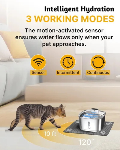 Vista 2 de Fuente de agua inalámbrica para gatos, 3.2L/108 onzas, fuente de acero inoxidable, fuente automática para beber gatos inalámbrica y recargable