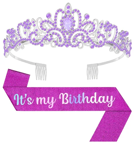 Vista 28 de Tiara de cumpleaños y corona con banda, tiara de cumpleaños para fiesta de mujeres (rosa)