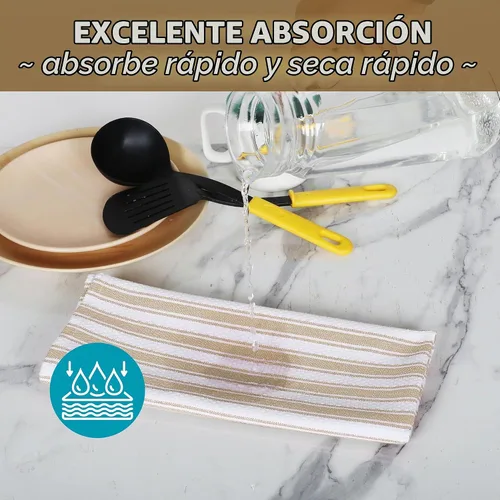 Vista 3 de Native Fab Toallas de Cocina de Algodón 100% Beige - 16x26 pulgadas - Juego de 12 - Toallas de Platos con Tejido de Canasta a Rayas para Limpiar