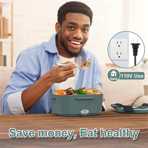 Vista 3 de WisaKey Lonchera eléctrica verde calentador de alimentos 80W lonchera calentada para adultos, calentador de almuerzo portátil 12V 24V 110V 220V