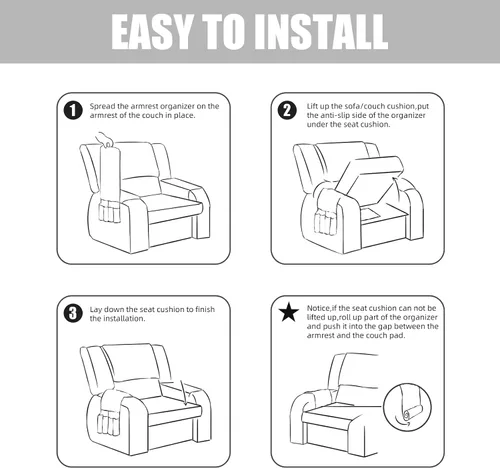 Vista 6 de Juego de 3 fundas impermeables para sofá reclinable, funda para reposabrazos y reposacabezas con 6 bolsillos de almacenamiento, protector acolchado