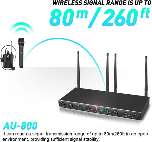 Vista 2 de D Debra Audio AU800 Pro UHF Sistema de micrófono inalámbrico de 8 canales con micrófonos de mano inalámbricos tipo lavalier con auriculares