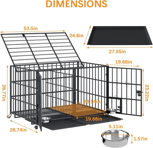 Vista 5 de Jaula XL de 54 pulgadas para perros grandes/perros medianos dobles, jaula de metal resistente para perros, toda metálica con parte superior abierta