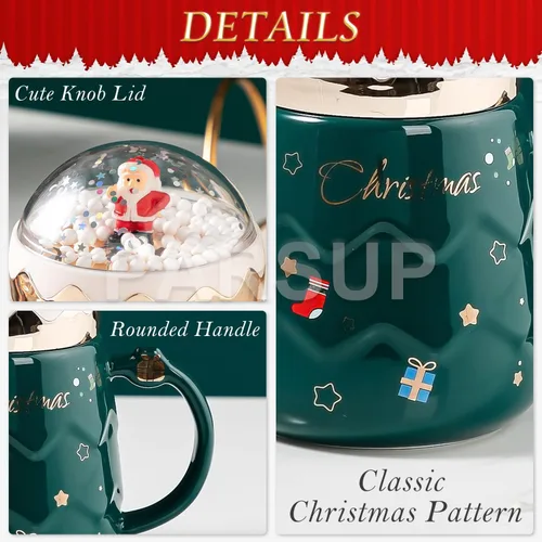 Vista 3 de Taza navideña PARSUP, lindas tazas de té de cerámica con tapa de Santa, taza novedosa para leche, café, chocolate caliente, regalo para mujeres