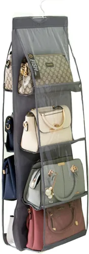 Vista 5 de HAN SHENG Organizador colgante de 6 bolsillos transparente para bolsos y monederos - Estante colgante para ahorrar espacio para clóset, armario