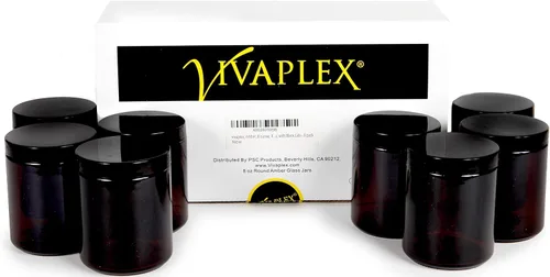 Vista 3 de Vivaplex, Tarros redondos de vidrio ámbar, 8 onzas, con tapas negras, paquete de 8