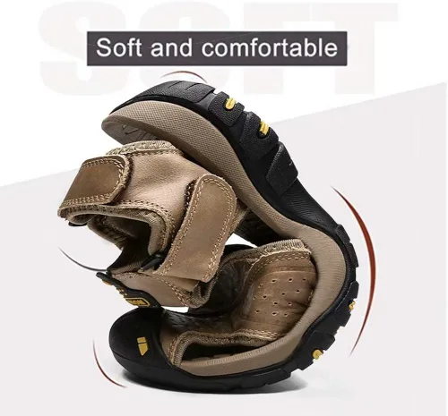 Vista 5 de VISIONREAST Sandalias de cuero para hombre, sandalias de senderismo al aire libre, impermeables, atléticas, zapatos de playa de pescador, sandalias