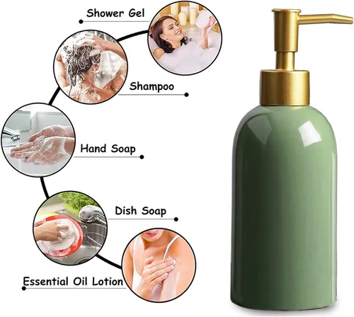 Vista 2 de Paquete de 2 dispensadores de jabón de cerámica verde con bomba dorada, botella dispensadora de loción cilíndrica de diseño moderno, dispensador