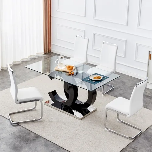 Vista 10 de Juego de mesa de comedor de 63 pulgadas para 4, moderno juego de mesa de comedor de vidrio templado para 4, para el hogar, cocina, sala de estar