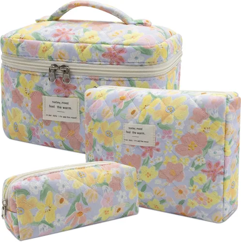Vista 23 de Juego de bolsas de maquillaje, bolsa de maquillaje acolchada, bolsa grande para cosméticos florales para mujer, bonitas bolsas de maquillaje