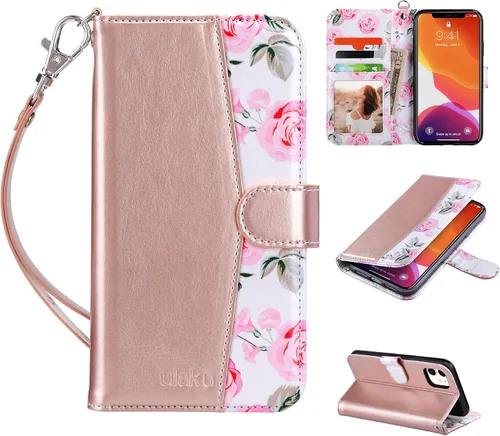 Vista 15 de ULAK - Funda tipo cartera compatible con iPhone 11 para mujer, diseño de flor [RFID Blocking] Premium PU Leather Folio Flip Cover with Card