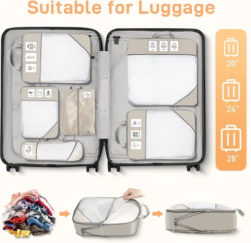 Vista 5 de Juego de 6 cubos de compresión de embalaje expandibles para maletas, accesorios de viaje (beige)