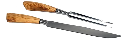 Vista 2 de Hermoso juego de cuchillos y tenedores italianos con cuchillas de acero inoxidable de alto carbono y asas de madera de olivo esculpidas forjadas a