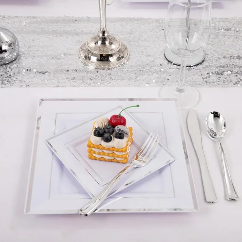 Vista 3 de Liacere 100 platos cuadrados de plástico blanco y plateado, 50 platos de cena blancos resistentes de 9.5 pulgadas y 50 platos de postre de 6 Blanco