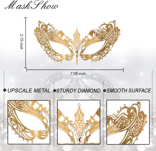 Vista 4 de Máscara de mascarada para mujer, fiesta de metal veneciano para carnaval, Halloween, disfraz de cosplay