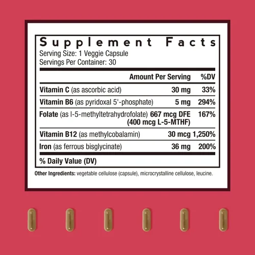 Vista 2 de Doctor's Recipes Suplemento de hierro para mujeres y hombres – Bisglicinato de hierro suave con vitamina C, B6, folato y B12, pastillas de hierro