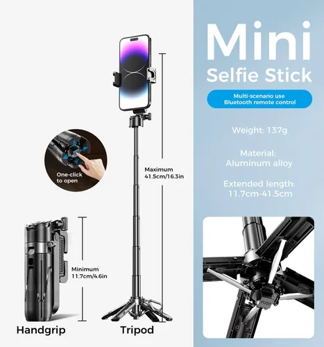 Vista 9 de MAGIC JOHN Trípode para teléfono, palo de selfie portátil, trípode de bolsillo para iPhone, palo selfie con control remoto desmontable y 2 luces
