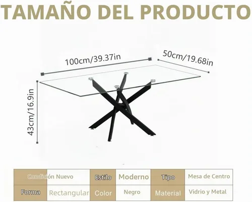 Vista 2 de Mesa de centro de vidrio templado con patas de metal, mesa rectangular moderna para sala de estar en casa, oficina, sala de estar