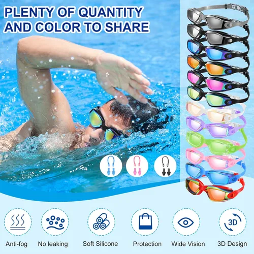 Vista 6 de Flutesan 12 gafas de natación para adultos, para hombres, mujeres, jóvenes, sin fugas, protección completa contra los rayos UV