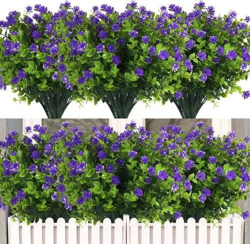 Vista 20 de RECUTMS - Flores artificiales, 12 plantas sintéticas para exteriores, resisten rayos ultravioleta, arbustos para interiores y exteriores, maceta