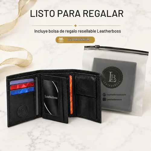 Vista 9 de Leatherboss - Cartera de piel para niños, delgada, compacta, con solapa y bolsillo para monedas, para hombres y mujeres, color negro