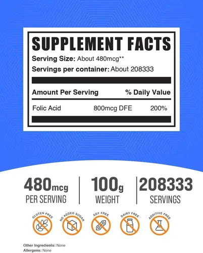 Vista 2 de BulkSupplements. com Polvo de ácido fólico, suplemento de folato, vitamina B9, sin gluten, 480mcg por porción, 100 g (3.5 oz) (paquete de 1)