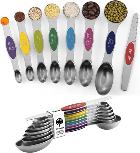 Vista 8 de ChefAide Paquete de 8 Cucharas Medidoras Magnéticas de Acero Inoxidable, de Doble Cara, Apilables, Cucharadita y Cucharada Medidoras Ajustables