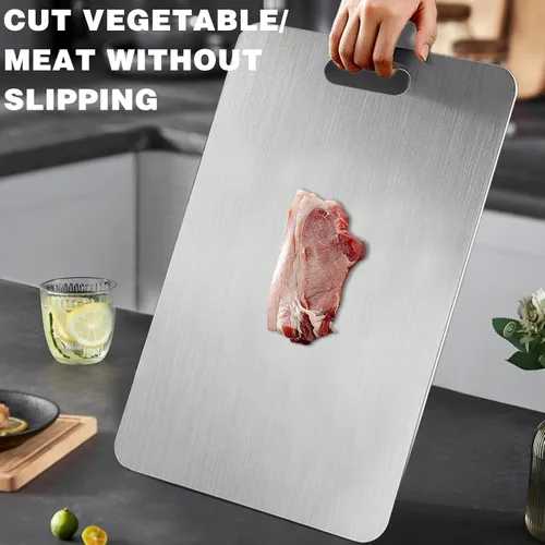 Vista 2 de Tabla de cortar de titanio, tablas de cortar para cocina, 8 tablas de cortar de acero inoxidable, pelador, alfombra, clip para platos, tablas