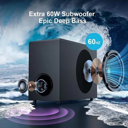 Vista 3 de Barra de sonido con subwoofer, barra de sonido de 110 W con graves profundos ajustables y 3 modos de ecualización, conexión Bluetooth/ARC/Opt/AUX