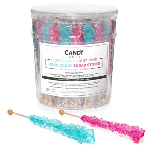 Vista 9 de Palitos de azúcar de caramelo de roca azul claro y rosa claro, 12 golosinas envueltas individualmente, sabor a algodón de azúcar y cereza