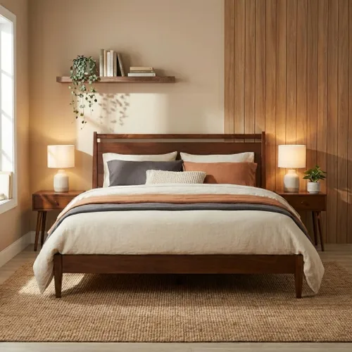 Vista 13 de NTC Adept Marco de cama de madera con cabecero, base de madera de roble macizo y caucho con listones silenciosos y soportes centrales de madera
