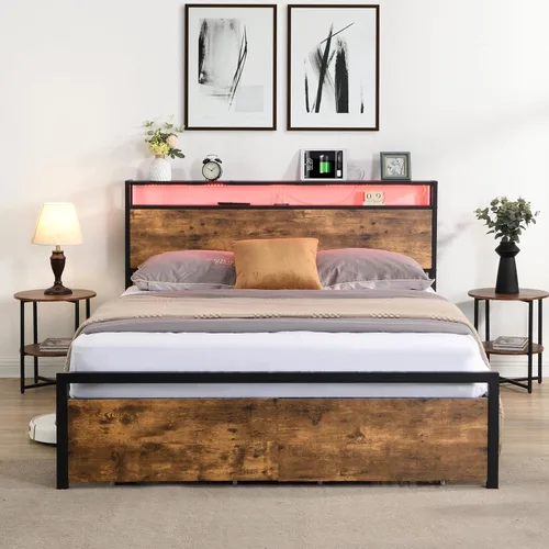 Vista 3 de HAUSHECK Base de cama LED de tamaño matrimonial con 2 cajones en ruedas, cabecera de almacenamiento, luces LED, puertos USB y tomacorrientes