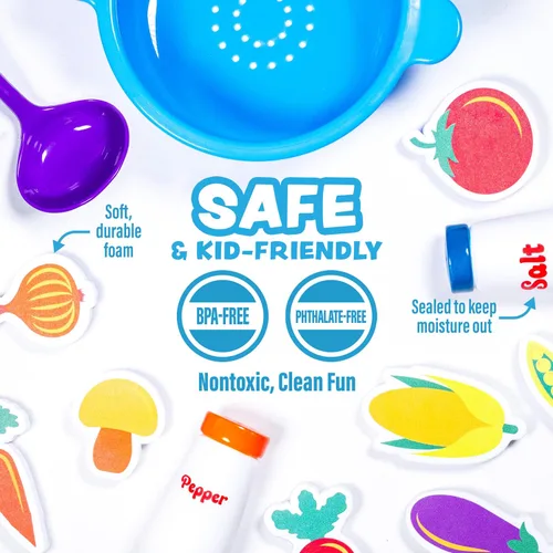 Vista 8 de Tub Works® Tub Soup™ Scoop, Strain & Play - Juguete de baño para niños pequeños Vegetales de espuma flotantes, cucharón para recoger y sopa