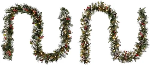 Vista 6 de National Tree Company Guirnalda de Navidad artificial preiluminada, verde, pino invernal, luces blancas, decorada con conos de pino, racimos
