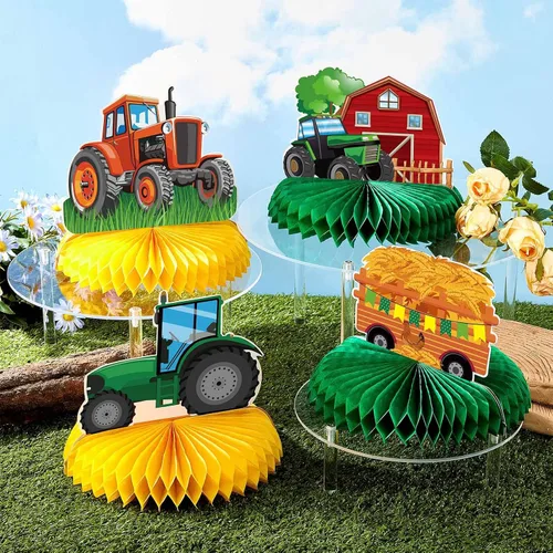 Vista 4 de Zonon 6 piezas de decoración de cumpleaños de tractor, centro de mesa de panal de abeja, suministros de fiesta, decoración de granja para tractores