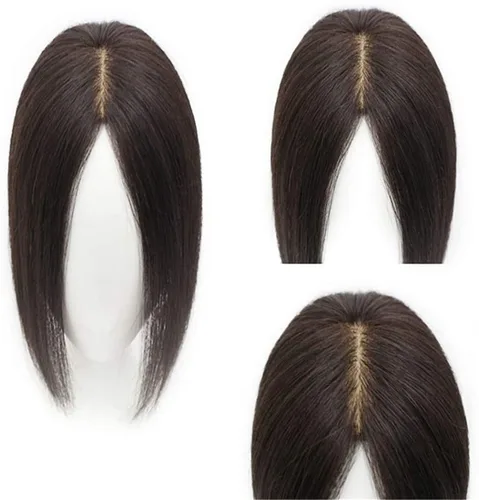 Vista 4 de Peluca de cabello humano lacio de 12 pulgadas, corona invisible para mujer, con cabello delgado, color negro