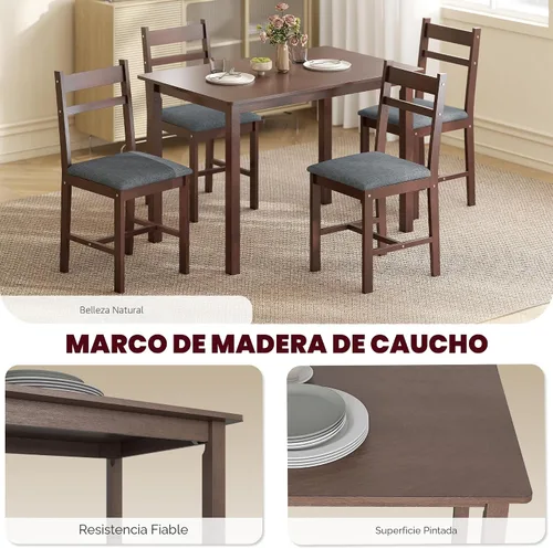 Vista 4 de HOMCOM Juego de mesa de comedor de madera maciza de 5 piezas para 4, nogal Nogal y gris