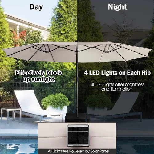 Vista 4 de Giantex Paraguas grande para exteriores de doble cara, 48 luces solares, panel solar de carga automática, sombrilla de patio extragrande con base