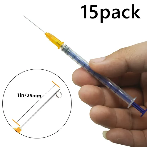 Vista 2 de Paquete de 15 jeringas de plástico de 1ml 25Ga con medición para laboratorios científicos y dispensación industrial, desechables envueltas