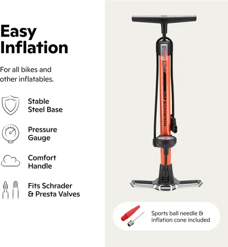 Vista 15 de Schwinn Serie Air Center o bomba de piso básica, para una gama de bicicletas, 100, 120 o 160 PSI, mango de agarre suave, cabezal doble para válvulas